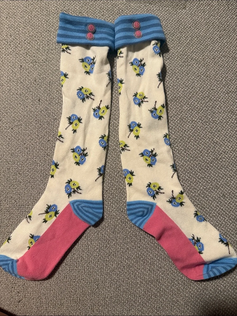Matilda Jane Cream Floral Knee-High Socks with Blue Cuffs and Pink Heels NEW